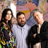 Romance Was Born’s Anna Plunkett and Luke Sales with artist Samuel Hodge who created a portrait of the designers unveiled at the National Portrait Gallery in Canberra.