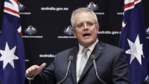 Prime Minister Scott Morrison during a press conference on the government's response to the COVID-19 coronavirus pandemic, at Parliament House in Canberra on  Friday 1 May 2020. fedpol Photo: Alex Ellinghausen