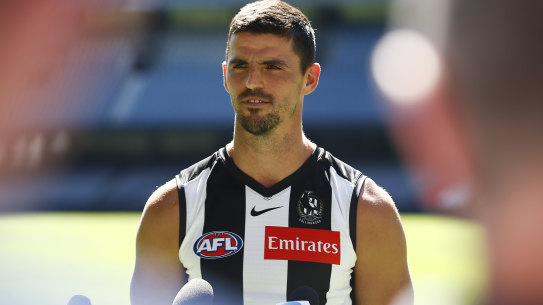Scott Pendlebury speaks to the media at captains’ day on Wednesday.