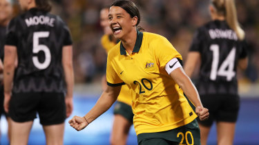 Sam Kerr celebrates after scoring one of her two goals against New Zealand.