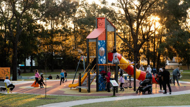 A crowded playground in Greenacre during Sydney lockdown. 