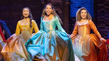 Elandrah Eramiha, Chloe Zuel (middle) and Akina Edmonds, who play the Schuyler sisters, in full costume for Hamilton.