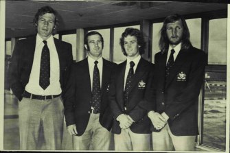 Four of the touring Wallabies at London’s Heathrow Airport (from left), John Hipwell, Mark Loane, Ken Wright and Ray Price.