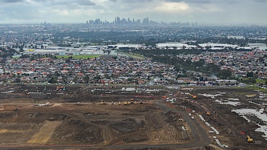 An aerial view of the land / site for the proposed data centre at the old Ford Broadmeadows Assembly Plant in Campbellfield. 5th of August 2026, The Age news Picture by JOE ARMAO