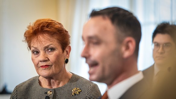 One Nation founder Pauline Hanson with the party’s Victorian leader Warren Pickering.