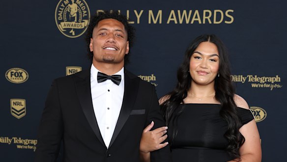 Roosters player Naufahu Whyte and his partner, Hope, at the Dally M awards.