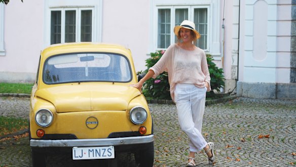 A vintage car outside the National Museum of Contemporary History in Ljubljana, Slovenia.