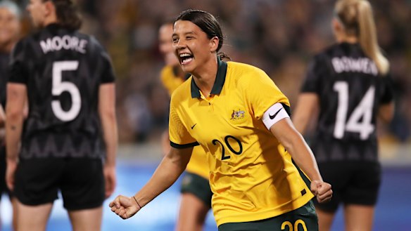 Sam Kerr celebrates yet another goal for the Matildas.