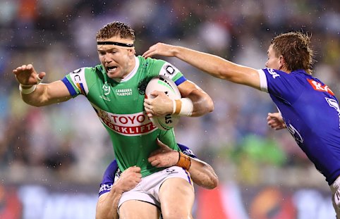 Canberra Raider Hudson Young is a key part of the Blues’ powerful starting backrow, alongside Isaah Yeo and Haumole Olakau’atu.