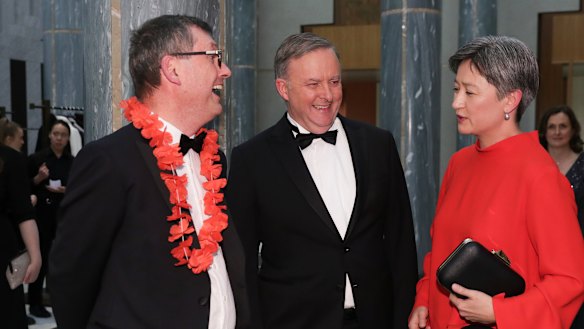 David Crowe, chief political correspondent for The Sydney Morning Herald and The Age, with Opposition Leader Anthony Albanese and Labor's foreign affairs spokeswoman Penny Wong.
