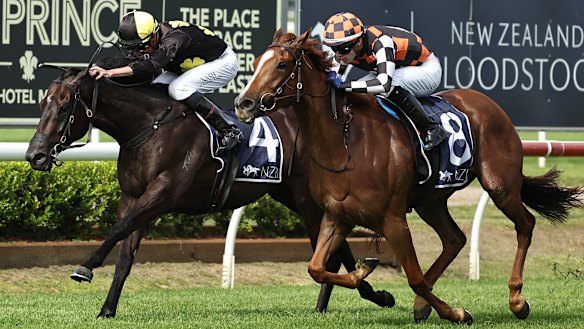 Dylan Browne McMonagle breaks through for his first Australian stakes win on Snitzanova (right) in Newcastle.