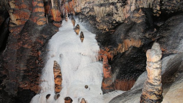 Flowstone resembling ice cream or snow in the Jersey Cave, one of several snow caves at Yarrangobilly Caves.