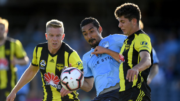 Patience needed: Reza Ghoochannejhad competes for possession with Liberato Cacace of the Phoenix, right, at Campbelltown Sports Stadium.