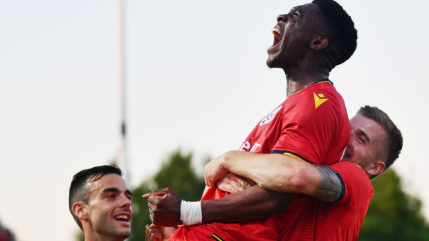 Best on ground: Al Hassan Toure celebrates putting the Reds 1-0 up in the FFA Cup final at Coopers Stadium in Adelaide.