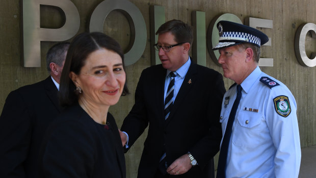 NSW Premier Gladys Berejiklian on Tuesday with Police Minister Troy Grant and Police Commissioner Mick Fuller. 