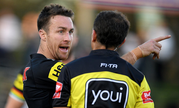 Penrith's James Maloney remonstrates with referee Gerard Sutton.