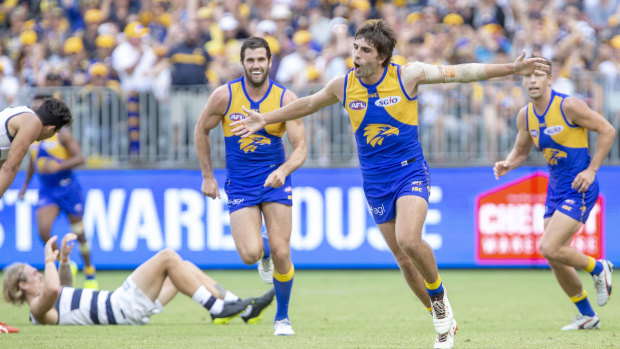 Spreading their wings: Andrew Gaff celebrates a goal for the Eagles.