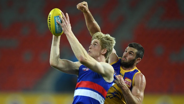Pole position: Western Bulldogs ruckman Tim English gets out in front.