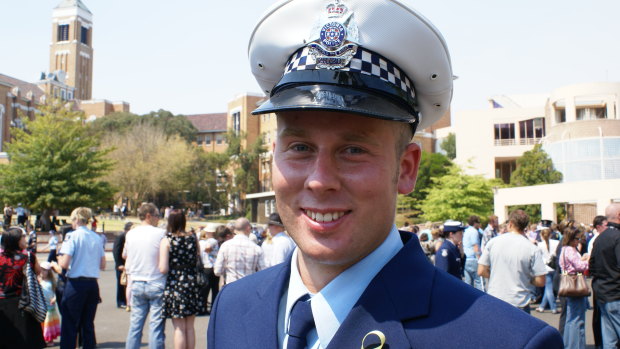 Michael Maynes on the day of his police academy graduation. He took his own life three years after leaving the force after years of homophobic bullying.
