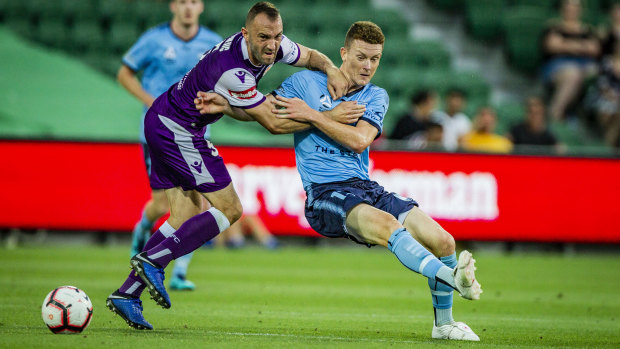 Physical: Ivan Franjic of the Glory and Sydney FC's Brandon O'Neill grapple for the ball.
