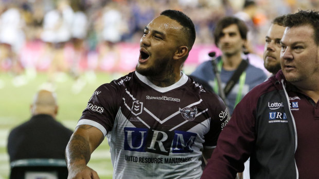 Addin Fonua-Blake reacts to the crowd after being marched from the field in Newcastle earlier this year.