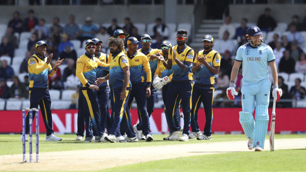 Sri Lanka celebrate after Lasith Malinga dismissed England's Jonny Bairstow.