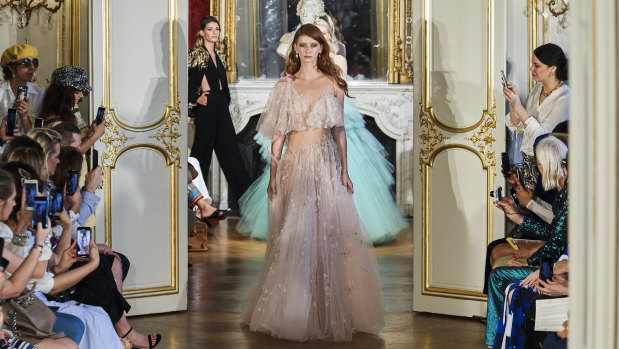 A model wears a gown by Steven Khalil in his debut show at Paris Couture Week.