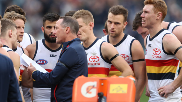 Crows coach Don Pyke addresses his players during Saturday's loss to the Blues. 