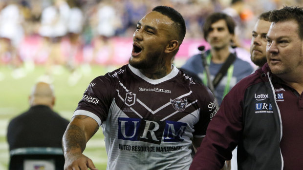 Sin-binned: Addin Fonua-Blake reacts to the crowd after being marched from the field in Newcastle.