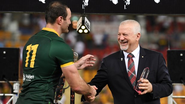 NSWRL chairman George Peponis with Boyd Cordner during the World Cup.