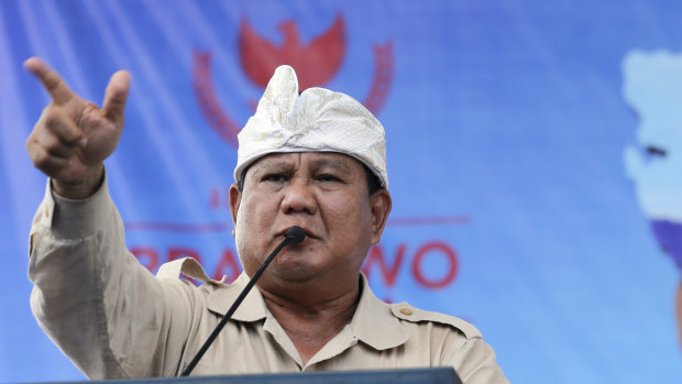 Indonesian presidential candidate Prabowo Subianto delivers his speech during a rally in Bali last week. Indonesia is gearing up to hold its presidential election on April 17.