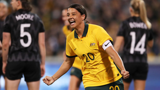 Sam Kerr celebrates yet another goal for the Matildas.