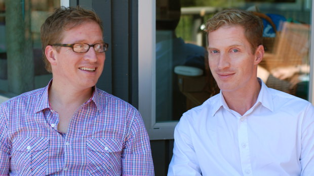 Andrew Sean Greer (at right) with his twin brother, Michael.