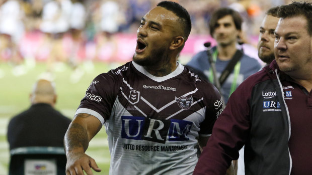 Sin-binned: Addin Fonua-Blake reacts to the crowd after being marched from the field in Newcastle.