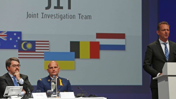 Fred Westerbeke, right, of the Joint Investigation Team elaborates on the preliminary results of the investigation into the shooting-down of Malaysia Airlines jetliner flight MH17 during a press conference in Nieuwegein in 2016.