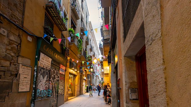 Atmospheric narrow laneways of Carrer del Bisbe.