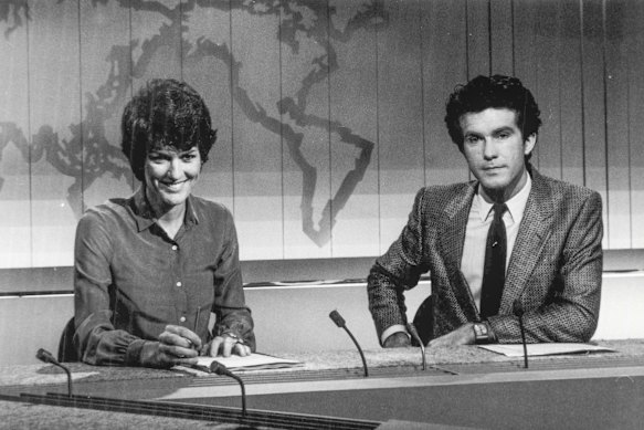 On the set of the The National with Geraldine Doogue and Richard Morecroft in 1985.