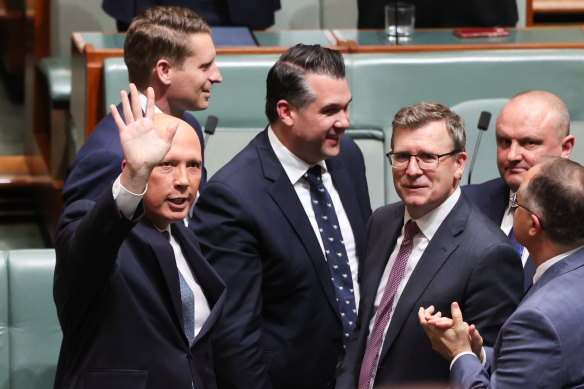 Peter Dutton waves after delivering his budget reply on Thursday.