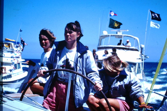 Tracy Edwards at the helm of the Maiden in the 1989-90 Whitbread round-the-world race. 