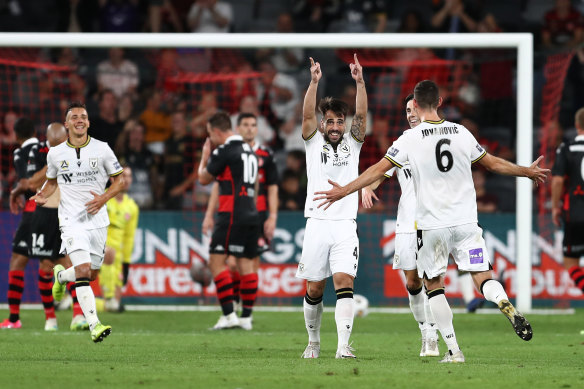 Benat Extebarria celebrates the winning goal from his deflected free kick at Bankwest Stadium on Wednesday.