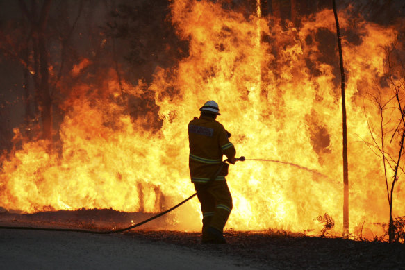 RFS firefighters at Bilpin face the bushfire a week after it escaped containment lines.