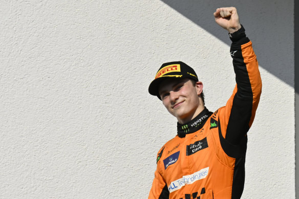 McLaren driver Oscar Piastri of Australia celebrates after winning the Hungarian Formula One Grand Prix.