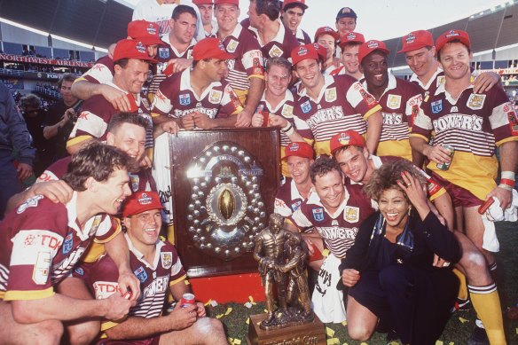 Tina Turner pictured with the Broncos, winners of the 1993 NSWRL grand final.