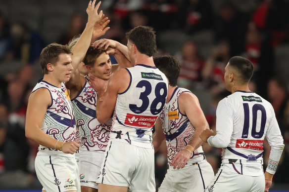 Jeremy Sharp of the Dockers celebrates after scoring a goal.