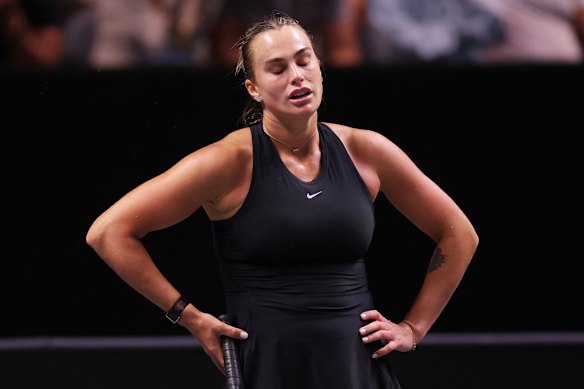 Aryna Sabalenka reacts during her match against Nick Kyrgios.