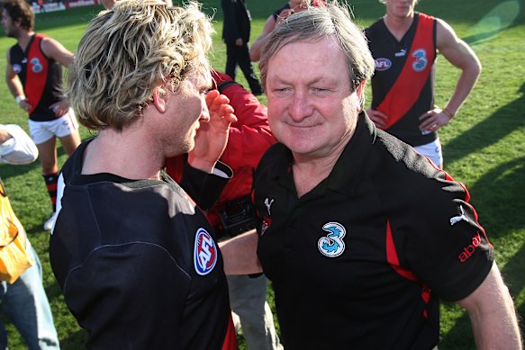 James Hird and Kevin Sheedy after their final game as Essendon player and coach in 2007.