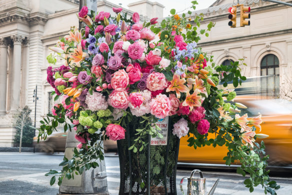 Lewis Miller Design's 'guerrilla' floral installation in New York City as shown in <i>Flower: Exploring the World in Bloom</i>.