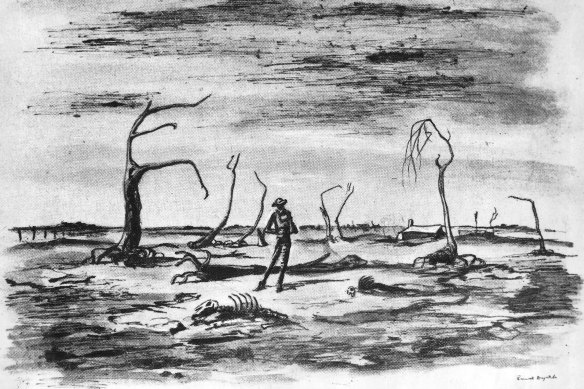One of a series of sketches by Drysdale commissioned by the Sydney Morning Herald to illustrate a story on drought in NSW. Published December 16, 1944