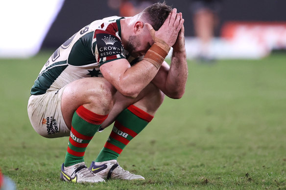 Jai Arrow was dejected after missing a field-goal late against the Wests Tigers.