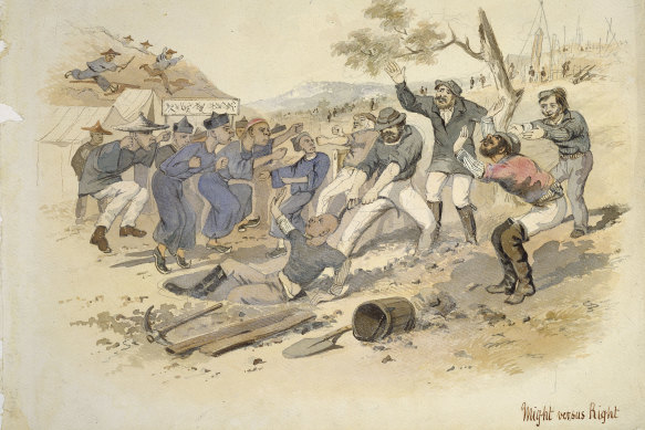 An illustration of the anti-Chinese Lambing Flat riot in 1860. 
